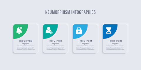Neumorphism clean infographic layout. Four steps process business infographic design template