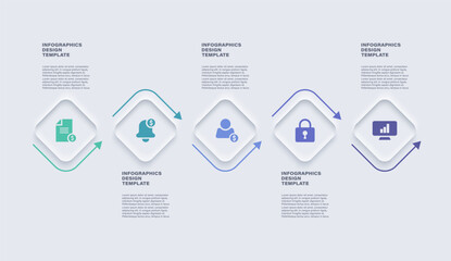 5 steps process business infographic mockup with icons. Neumorphism clean infographic template. Timeline, data visualization.