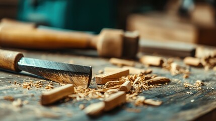 Close-up of woodworking tools and wood shavings on a workbench, highlighting craftsmanship and detailed wood carving.
