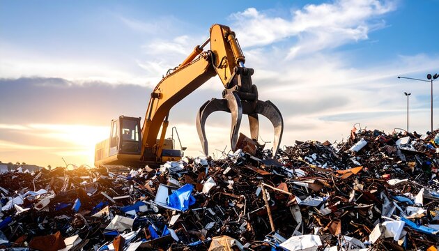 Excavator claw take scrap metal at junkyard recycling  - Powered by Adobe