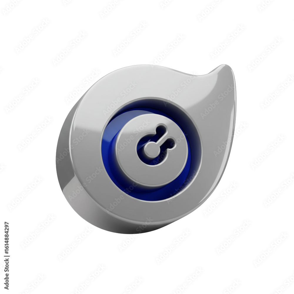 Poster a stylized metallic emblem featuring a central design element with a blue inner circle and a droplet