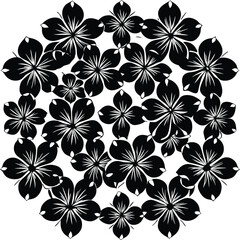 Intricate black and white floral mandala pattern featuring numerous stylized cherry blossoms arranged in a circular design