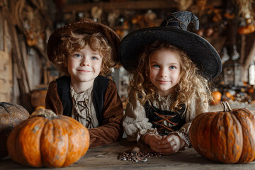 Fototapeta premium Happy kids on Halloween. Funny kids in carnival costumes indoors. Cheerful children play with pumpkins and candy,