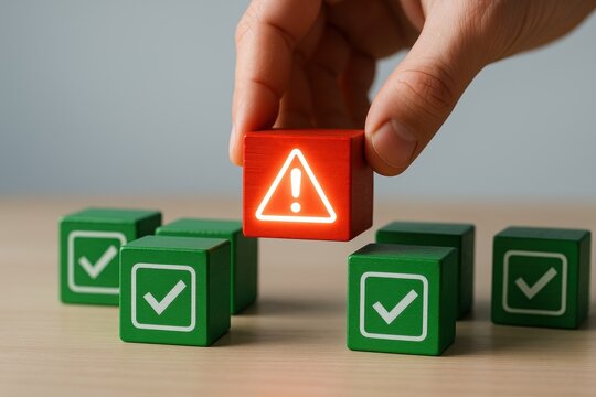 Risk Assessment: A close-up shot captures a hand placing a red danger cube among several green checkmark cubes, symbolizing risk management and the importance of attention to potential hazards.
