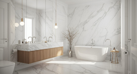 Stylish bathroom interior with white walls, marble floor, comfortable bathtub, white marble sink with vertical mirrors and wooden cabinets. 3D Rendering