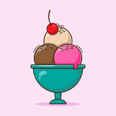 Sundae Strawberry, Chocolate, and Vanilla Ice cream icon with delicious taste vector cartoon illustration. Summer Vibes. Refresh