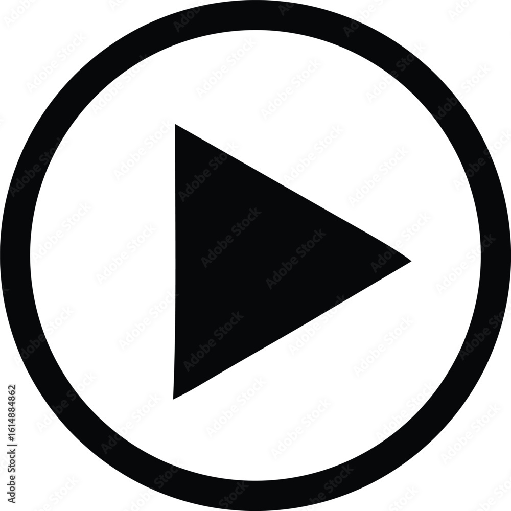 Aufkleber a stark black and white circular icon featuring a prominent right pointing triangle symbolizing the 