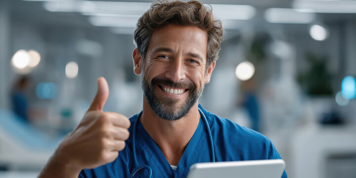 male doctor in royal blue uniform holding tablet and showing thump up - Powered by Adobe