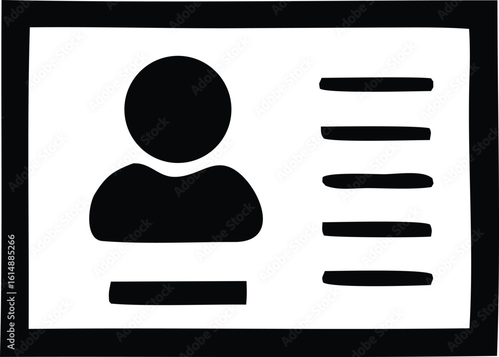 Poster simple black and white icon representing a user profile with personal information fields and a place