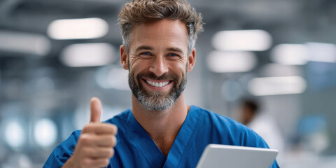 male doctor in royal blue uniform holding tablet and showing thump up