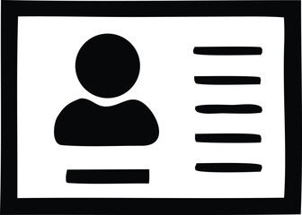 Simple black and white icon representing a user profile with personal information fields and a placeholder for a photograph
