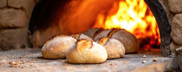 Freshly baked bread loaves inside a traditional wood-fired brick oven with flames glowing in the background.