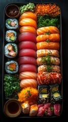 Tray of sushi with different types of sushi food background vertical background