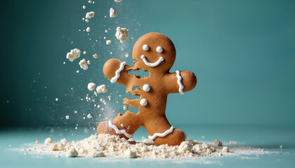 Surreal gingerbread man breaks apart surrounded by flour and crumbs, set against soft blue background. Playful baking session celebrates National Gingerbread Day. Whimsical food art.