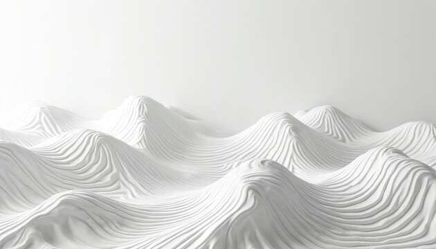 Abstract topographic landscape of white wavy lines, resembling contour map topography. Seamless pattern evokes exploration, adventure, minimalist design. Suitable for backgrounds, textures, digital