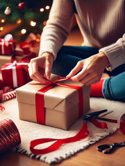 The image depicts a woman sitting cross-legged on the floor while carefully tying a red ribbon around an already wrapped present in preparation for Christmas or another festive occasion