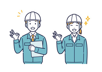 OKサインをする作業着姿の男女のイラスト＿ヘルメット