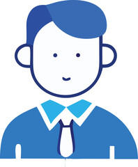 Stylized blue icon of a professional man wearing a suit and tie representing business and corporate identity