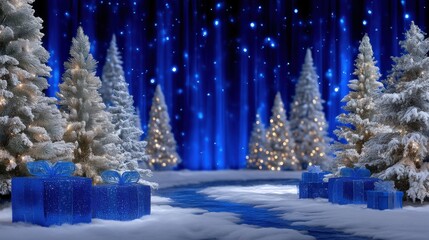 Snow-covered Christmas trees with colorful wrapped presents in the foreground under bright daylight.