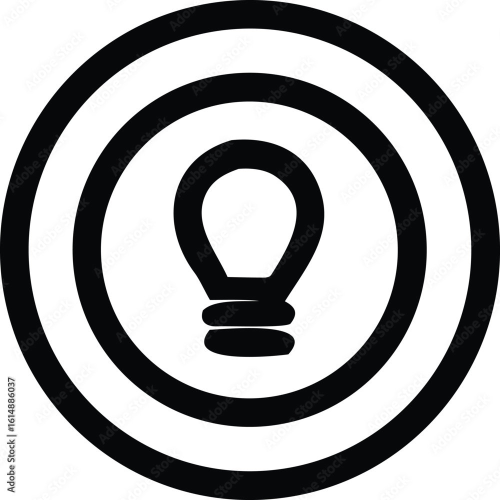 Poster a minimalist black and white icon featuring a stylized light bulb silhouette centered within concent