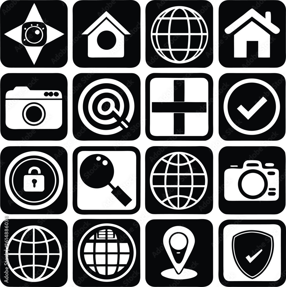 Poster collection of vintage style black and white icons representing technology and navigation on a grid l