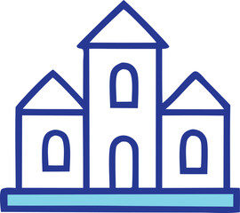 Simple blue outline icon of a castle or fortress with multiple towers and arched windows on a white background