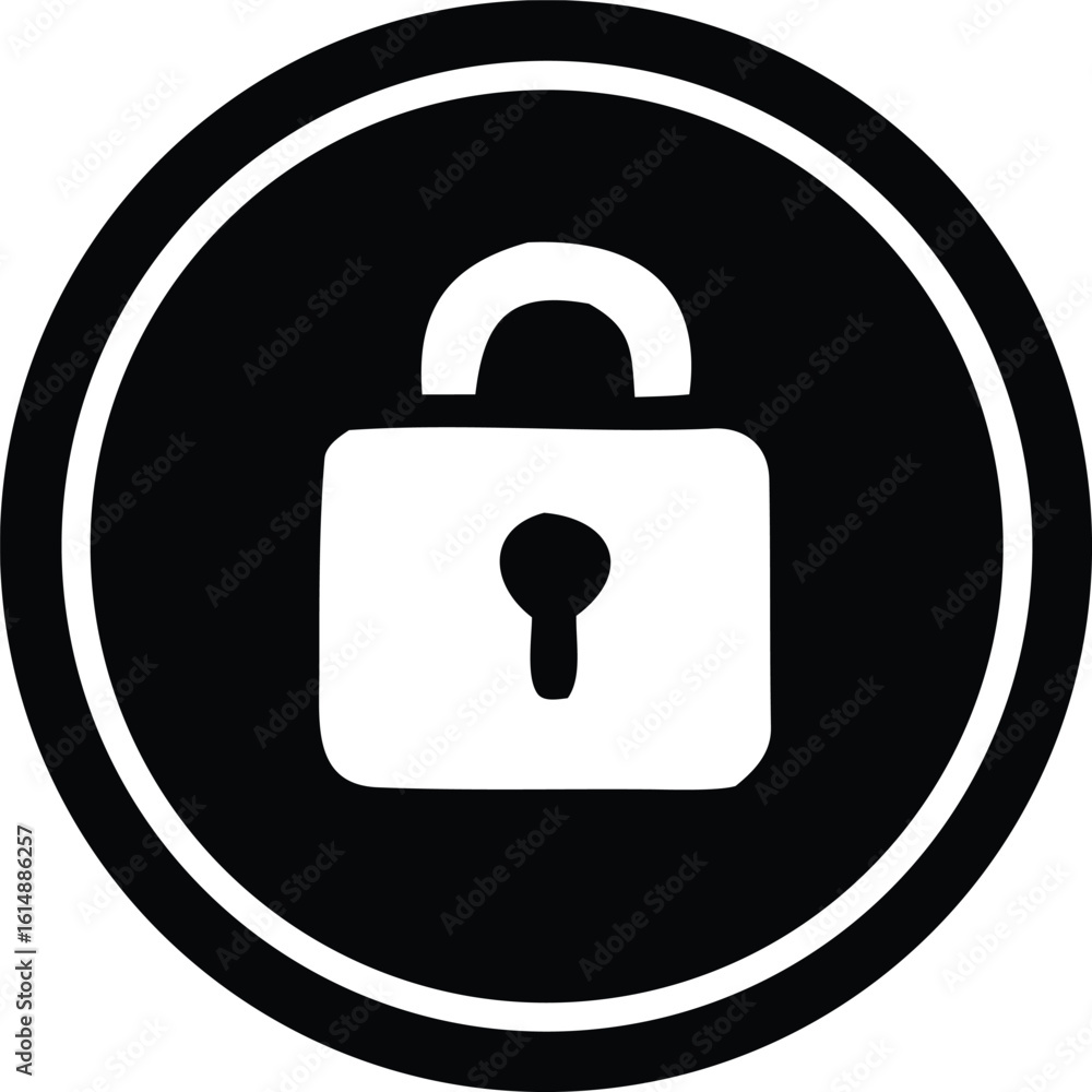 Poster simple black and white icon of a padlock inside a circular target symbol representing security and p