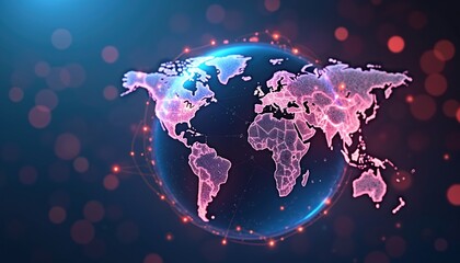 Digital globe with vibrant connections, abstract network visualization. Global data, technology, communication map. Futuristic science, innovation, cyberspace illustration with blue, purple lines,