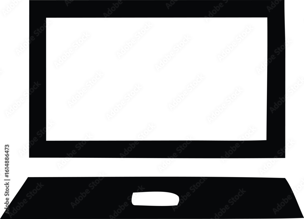 Poster a minimalist black and white icon representing an open laptop with a blank screen and keyboard area 