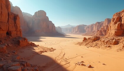 Vast desert canyon featuring towering sandstone cliffs in warm hues of orange and brown. Arid landscape under clear blue sky presents remote, wild terrain with rocky ground and distant mountains.