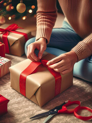 Cozy holiday gift wrapping with red ribbon and festive tools.Christmas gift wrapping scene with glowing tree and cozy rug.