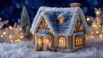 Small cozy house with a glowing window surrounded by snow under a dark winter night sky.