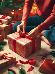 Holiday preparations with red ribbon, scissors, and glowing tree.Red ribbon and wrapping paper used in holiday gift preparation.