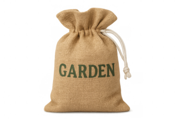 Burlap sack tied with rope, rustic garden label attached, positioned against transparent backdrop