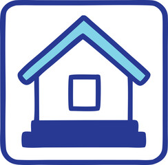 Simple stylized blue outline of a house with a square window and steps on a white background
