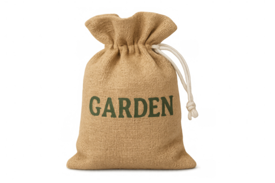 Burlap sack tied with rope, rustic garden label attached, positioned against transparent backdrop