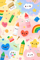 Fototapeta premium Whimsical art illustration background with school supplies in kawaii doodle style