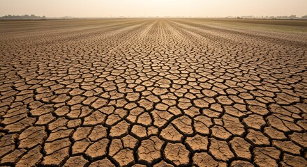 Fototapeta premium Vast Arid Field of Deeply Cracked Earth Under Hazy Sky Evoking Drought and Climate Change.