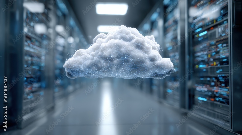 Poster floating cloud over server rack in modern data center, symbolizing cloud technology and data storage