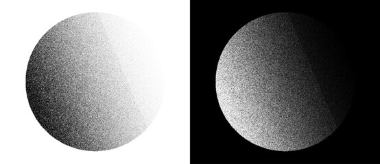 Abstract background with dotted circles. Random stipple dots background like gradient. Black shapes on a white background and the same white shapes on the black side.