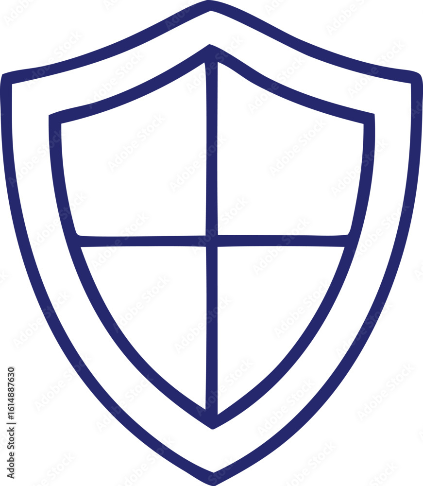 Poster simple hand drawn blue shield symbol with a cross inside representing protection security and defens