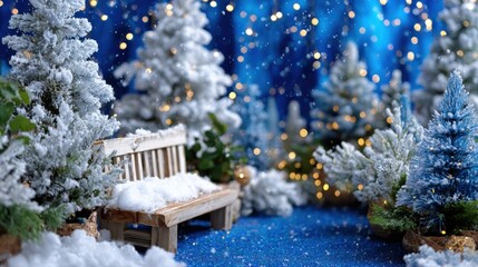 Snow-covered bench under glowing lights surrounded by bare trees in a winter evening forest setting.
