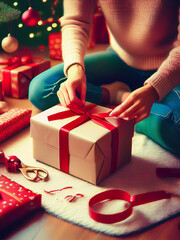 Red ribbon and wrapping paper used to prepare Christmas gifts.Cozy holiday scene with hands wrapping gifts near a glowing Christmas tree.