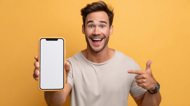 a man wearing light grey t shirt holding smartphone and pointing finger on yellow background