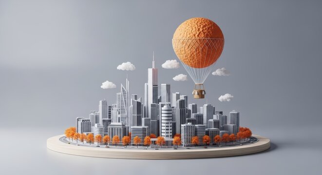 Orange Hot Air Balloon Soaring Over a Miniature Cityscape - Powered by Adobe