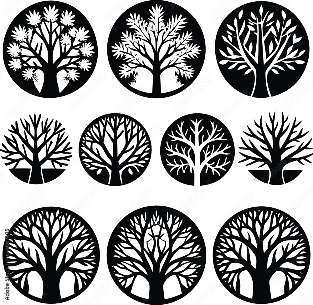 Poster collection of twelve intricately designed circular silhouette tree graphics showcasing diverse branc