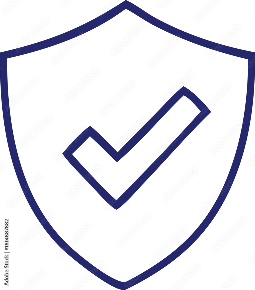 Poster simple hand drawn blue outline shield icon with a bold checkmark inside symbolizing security and app