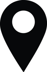 A stark black silhouette of a classic map marker or location pin icon with a white oval center against a white background © PureVector Lab
