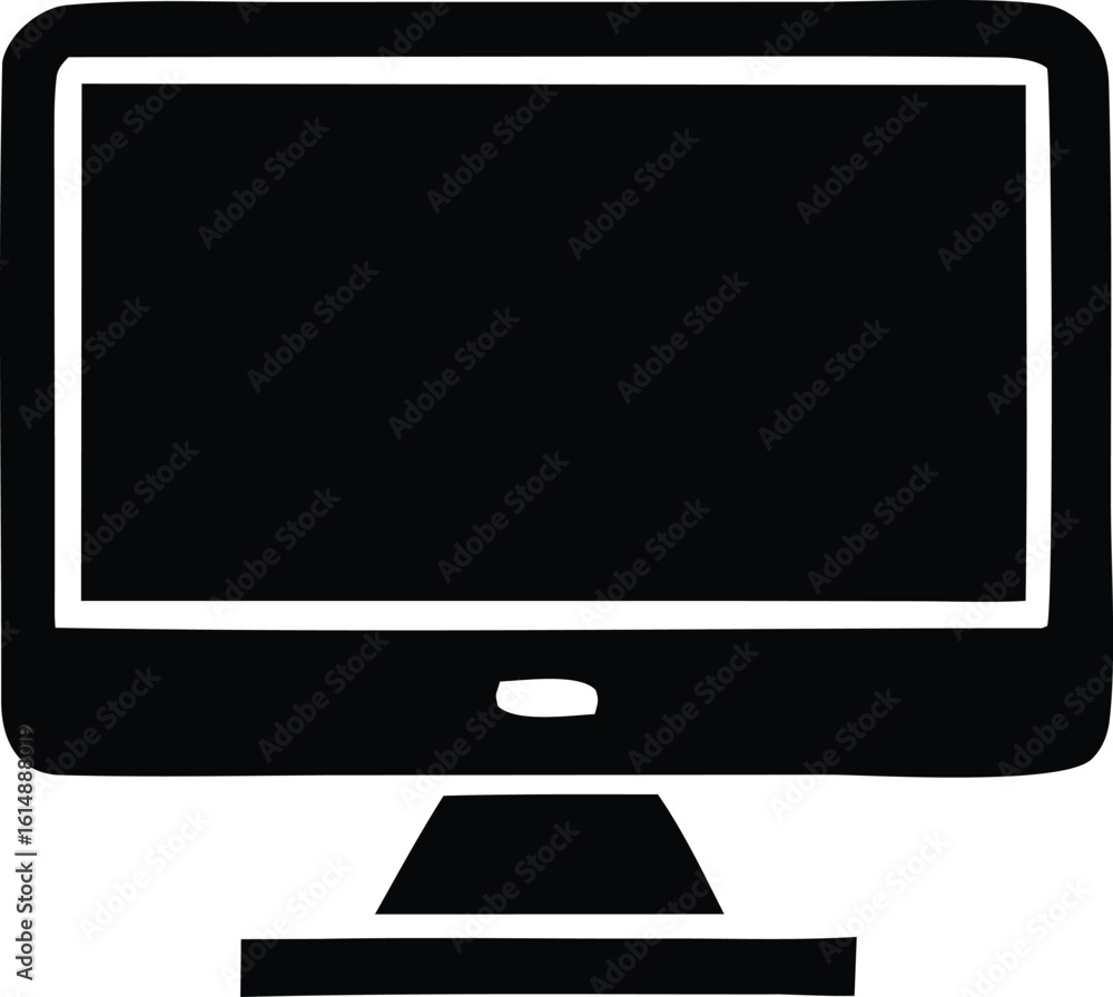 Poster a minimalist black and white icon representing a modern computer monitor with a clean simple design