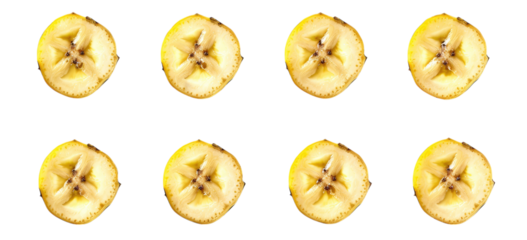 PNG. 8 banana slices on a white background with the sides cut out, photographed with high resolution photography